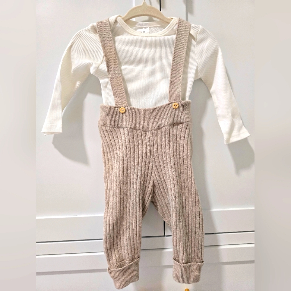 H&M Cream Ribbed Knit Suspender Pants Set